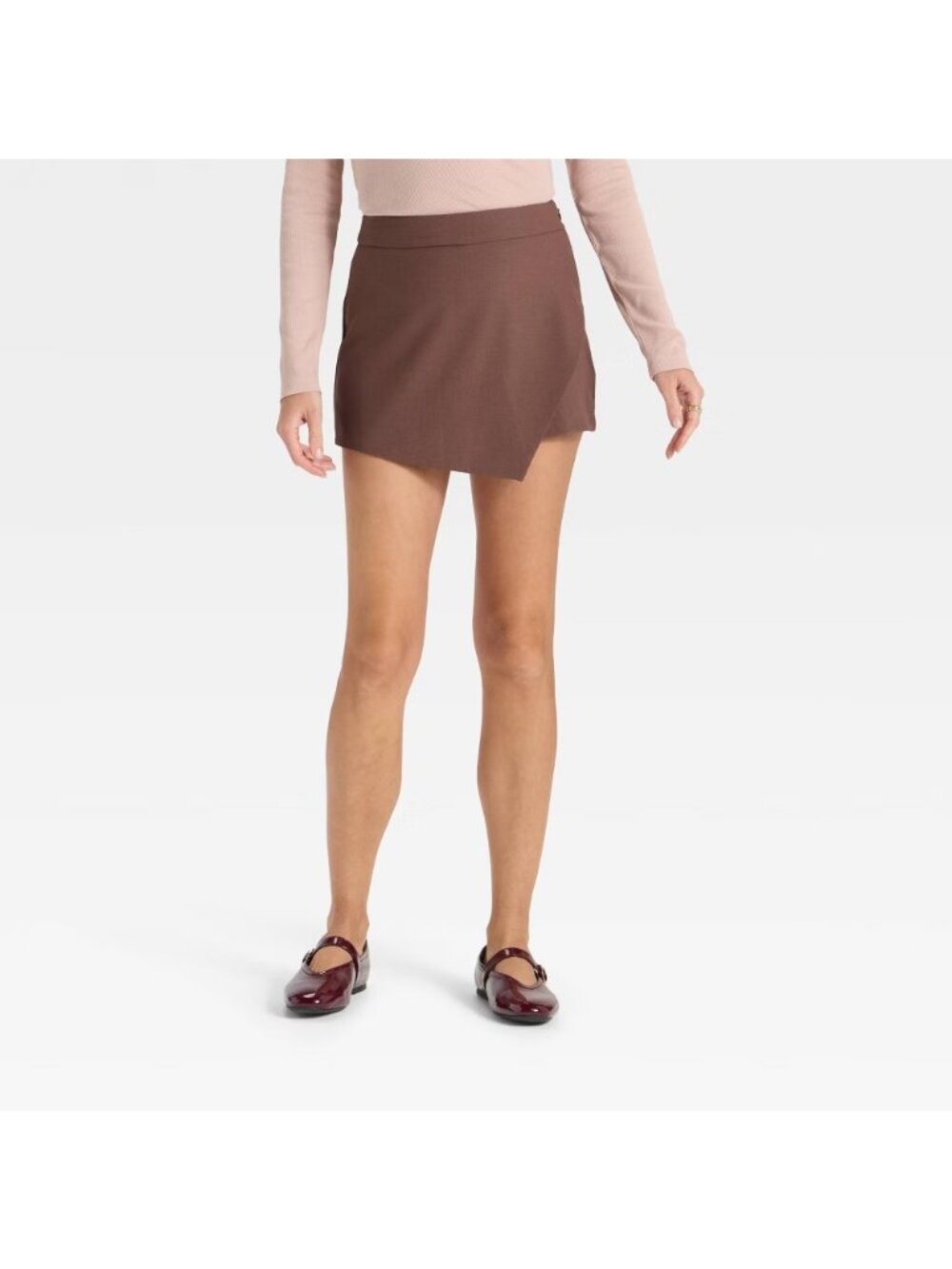 A New Day Skort Women Size 6 Brown Suiting Fake Pocket Side Zipper Flat Front